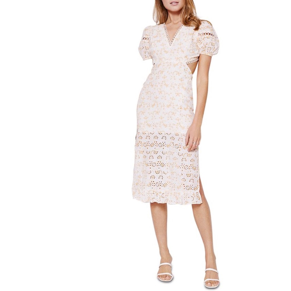 Never worn! Eyelet Midi Dress with Puff Sleeves - Cream